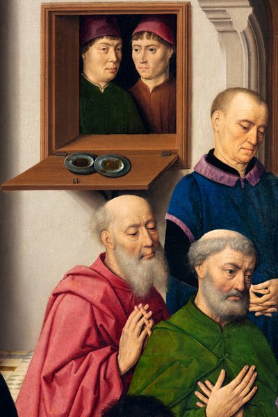 Sognekirke (Saint Peter Parish Church). maleri. Siste måltid. Dirk Bouts. 1464-1468. Detalj. sentralpanel. av Dirck Bouts