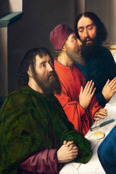 Sognekirke (Saint Peter Parish Church). maleri. Siste måltid. Dirk Bouts. 1464-1468. Detalj. sentralpanel. av Dirck Bouts