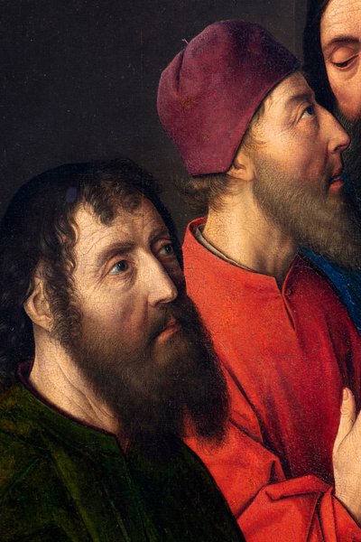 Sognekirke (Saint Peter Parish Church). maleri. Siste måltid. Dirk Bouts. 1464-1468. Detalj. sentralpanel. av Dirck Bouts