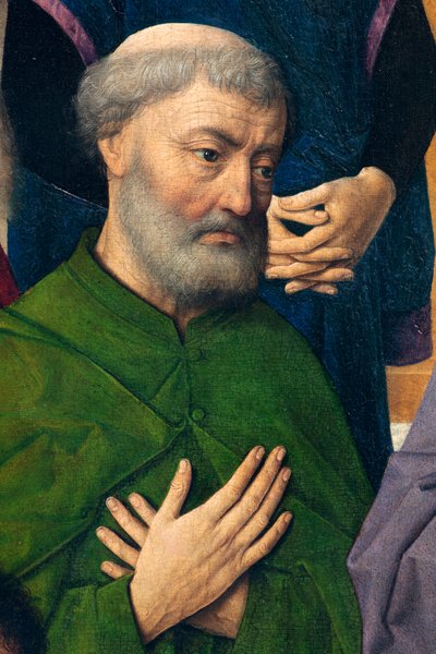 Sognekirke (Saint Peter Parish Church). maleri. Siste måltid. Dirk Bouts. 1464-1468. Detalj. sentralpanel. av Dirck Bouts