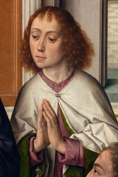 Sognekirke (Saint Peter Parish Church). maleri. Siste måltid. Dirk Bouts. 1464-1468. Detalj. Sentralt panel. av Dirck Bouts