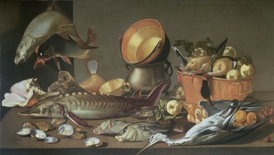 Et stilleben av en stør og andre fisker, ender og en hegre av Dirck Govertsz