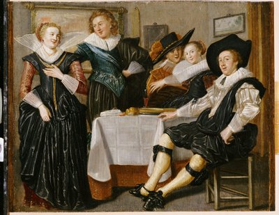 Et lystig selskap i et interiør (olje på panel) av Dirck Hals