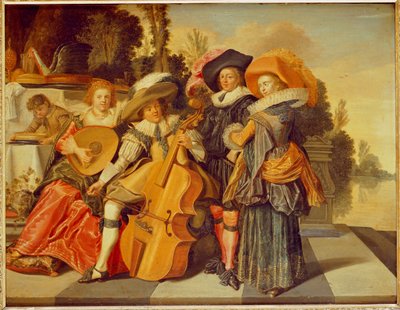 Elegante figurer som lager musikk på en terrasse ved en innsjø av Dirck Hals