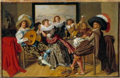 Galant møtemusikere og unge kvinner som spiller musikk og hever brillene på en fest. Maleri av Dirk Hals (1591-1656) 1625 søn. 0,3x0,46 m av Dirck Hals