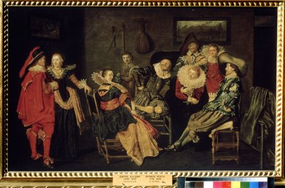 ""The Merry Company"" (The Merry Company) Festen i en velstående nederlandsk residens, et bord med elegant kledde borgerlige. Maleri av Dirck Hals (1591-1656) 1600-tallet Mål 41x66 cm Pushkin-museet, Moskva av Dirck Hals