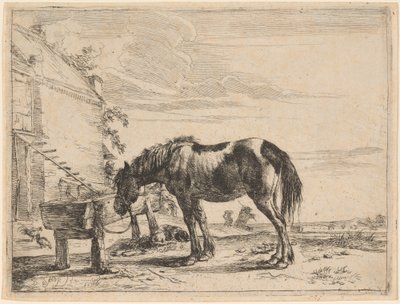 En hest bundet til et fôrtrau av Dirck Stoop
