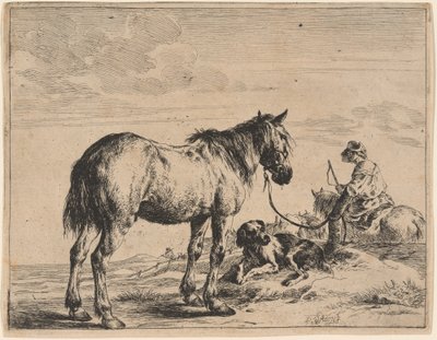 En hest bundet til en stolpe med en liggende hund av Dirck Stoop