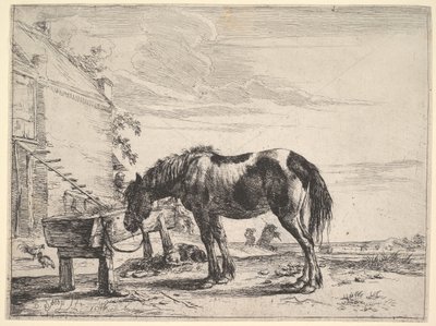 Hest bundet til et fôrtrau. av Dirck Stoop