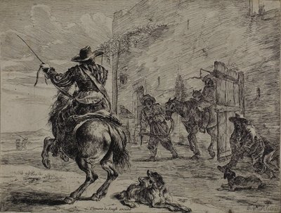 Rearing Horse, Near a Stall, plate en fra Series of Horses av Dirck Stoop