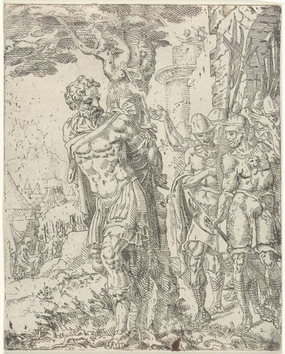 Achior bundet til et tre Judit og Holofernes (serietittel) av Dirck Volckertsz. Coornhert (attributed to)