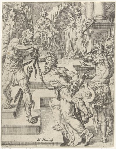 Kristus før Kaifas Menneskehetens fall og forløsning gjennom Kristi liv og lidenskap (serietittel) av Dirck Volckertsz. Coornhert (attributed to)
