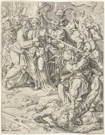 Judas kyss og arrestasjon av Kristus Menneskehetens fall og forløsning gjennom Kristi liv og lidenskap (serietittel) av Dirck Volckertsz. Coornhert (attributed to)