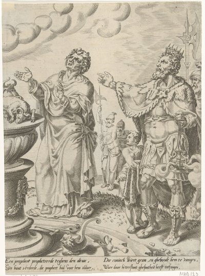 Kong Jeroboam og Guds mann foran alteret Story of the Disobedient Man of God (serietittel) av Dirck Volckertsz. Coornhert (attributed to)