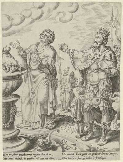Kong Jeroboam og Guds mann foran alteret Story of the Disobedient Man of God (serietittel) av Dirck Volckertsz. Coornhert (attributed to)
