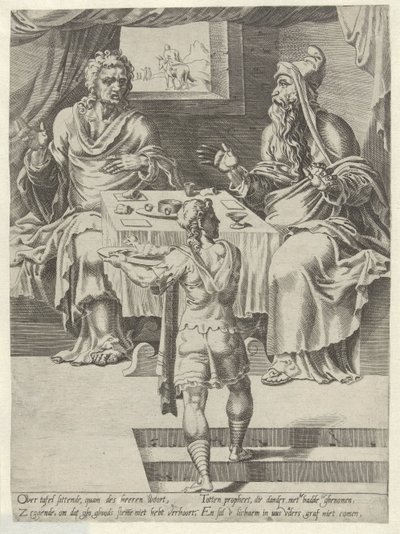 Måltid til Guds mann og den gamle profeten Story of the Disobedient Man of God (serietittel) av Dirck Volckertsz. Coornhert (attributed to)