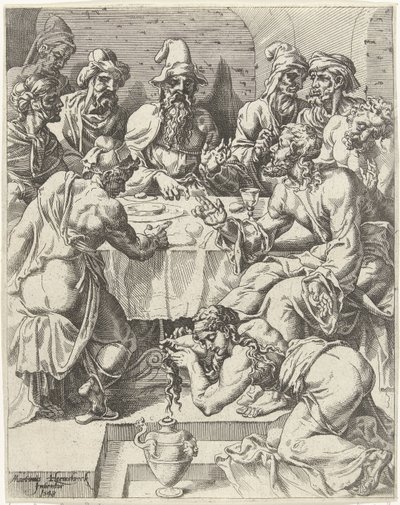 Maria Magdalena vasker Kristi føtter Menneskehetens fall og forløsning gjennom Kristi liv og lidenskap (serietittel) av Dirck Volckertsz. Coornhert (attributed to)
