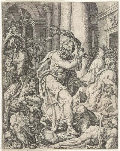 Utvisning av pengevekslerne fra templet Menneskehetens fall og forløsning gjennom Kristi liv og lidenskap (serietittel) av Dirck Volckertsz. Coornhert (attributed to)