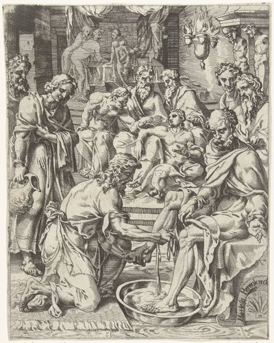 Vasking av føttene fall og menneskehetens forløsning gjennom Kristi liv og lidenskap (serietittel) av Dirck Volckertsz. Coornhert (attributed to)
