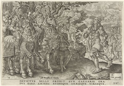 Overgivelse av hertugen av Sachsen på slagmarken i Mühlberg, 1547 Victories of Charles V (serietittel) Divi Caroli. v. imp. opt. max. victoriae, ex multis praecipuae (serietittel) av Dirck Volckertsz. Coornhert