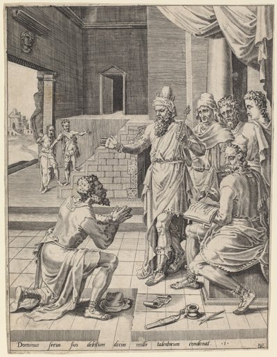 Kongen tilgir sin tjener sin gjeld av Dirck Volckertz Coornhert after Maerten van Heemskerck