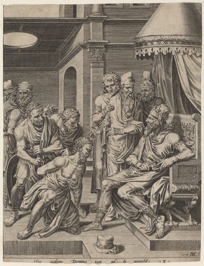 Den ubarmhjertige tjeneren brakt frem for kongen av Dirck Volckertz Coornhert, after Maerten van Heemskerck