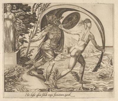Et skjold er til ingen nytte når Fortune vender ryggen til fra Six Sayings about Fortune, ca. 1560. av Dirck Volkertsen Coornhert