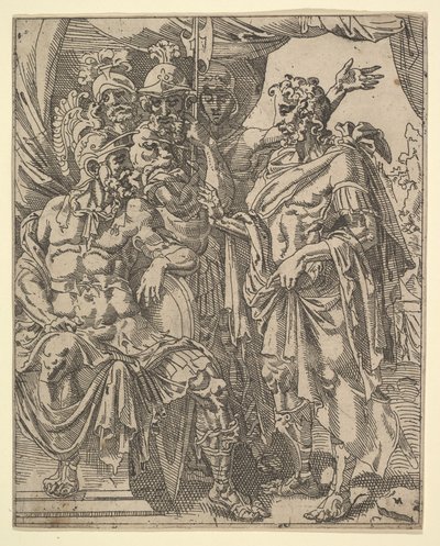Achior bønnfaller Holofernes for israelittene, fra historien om Judith og Holofernes. av Dirck Volkertsen Coornhert