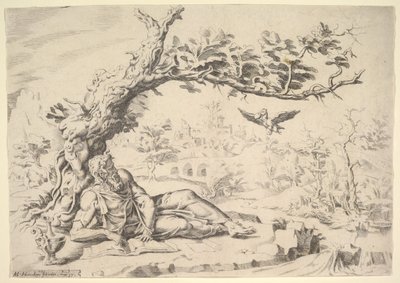 Elijah matet av ravner, 1549. av Dirck Volkertsen Coornhert