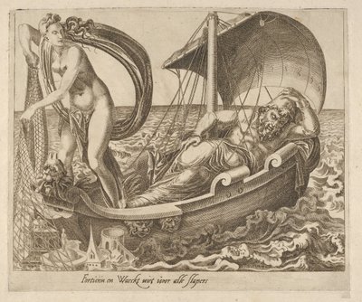 Fortune passer ikke på alle som sover fra seks ordtak om Fortune, ca. 1560. av Dirck Volkertsen Coornhert