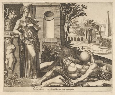 Tålmodighet som seierherren over formuen fra Six Sayings about Fortune, ca. 1560. av Dirck Volkertsen Coornhert