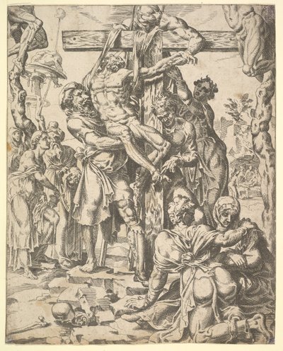The Descent from the Cross, from The Fall and Salvation of Mankind through the Life and Pa..., 1548.    1182197   no       norwegian Successfully Translated  Original: Vuur De vier elementen (series title) Translat: Vuur De vier elementen (series title) 13 av Dirck Volkertsen Coornhert