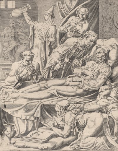 Den rike mannen på dødsleiet, fra Lignelsen om Lazarus og den rike mannen, plate 2, 1551. av Dirck Volkertsen Coornhert