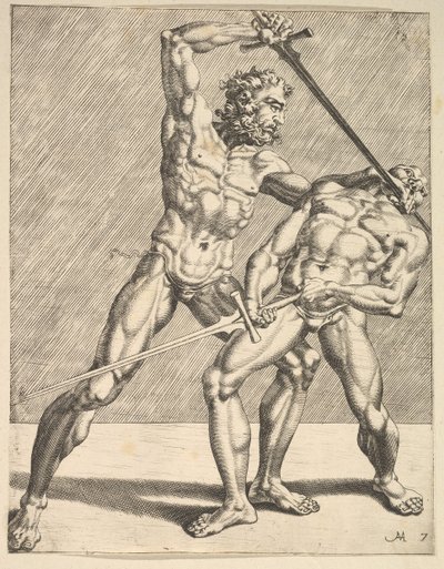 To fektere, fra Fencers, plate 7, 1552 av Dirck Volkertsen Coornhert