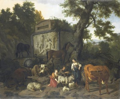 Landskap med gjetere og storfe nær en grav av Dirck van Bergen