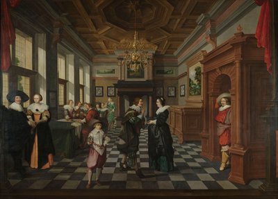 En syvdelt dekorativ sekvens: et interiør, 1630-32 av Dirck van Delen