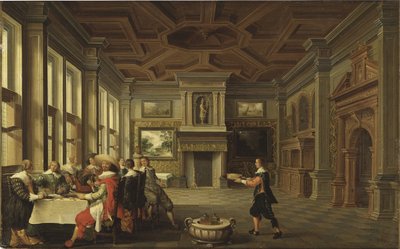 Diner distingue dans un interieur - Distinguished Dinner Company in an Interior, av Delen, Dirck van (ca. 1605-1671). Olje på lerret av Dirck van Delen