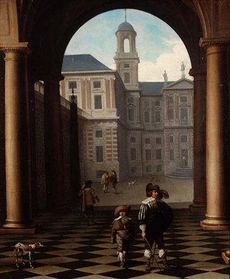 Elegante figurer i en loggia ved inngangen til et palass av Dirck van Delen