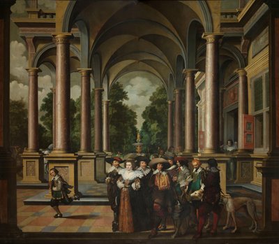 Galleri av et palass med dekorativ arkitektur og søyler En syvdelt dekorativ sekvens: Et galleri av Dirck van Delen