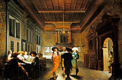 Interiør med kortspill (olje på panel) av Dirck van Delen