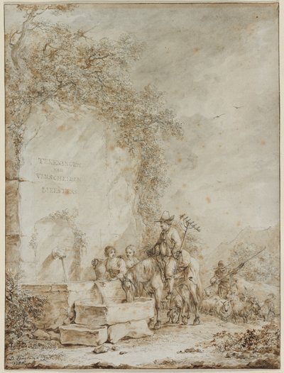 Frontispice for et album med tegninger: Peasants at a Fountain (recto) av Dirk Langendijk