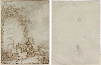 Frontispice for an Album of Drawings: Peasants at a Fountain (recto) Sketch of Peasants at a Fountain (verso) av Dirk Langendijk