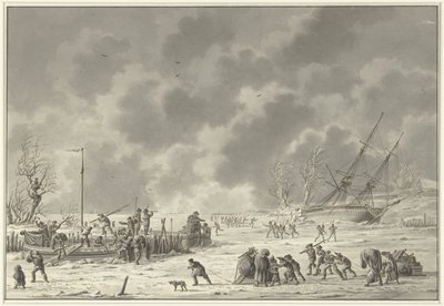 Flyreiser av Landzaten på Texel, januar 1795 The Leaving of the Canonier Booten and the Vlugt of the Landzaaten i desember måned 1794 (tittel på objekt) av Dirk Langendijk