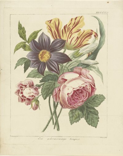 Bukett blomster med peon og tulipan En mystisk bukett (tittel på objekt) av Dirk Sluyter