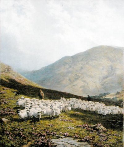 Shepherd and Sheep, Perthshire (olje på lerret) av Dixon Clark