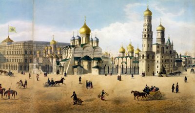Bebudelsens og erkeengelens katedraler, fra et panorama av Moskva, gravert av Philippe Benoist 1813-c.1905 og Aubrun, pub. av Lemercier litho detalj av 105099 av Dmitri Indieitzeff