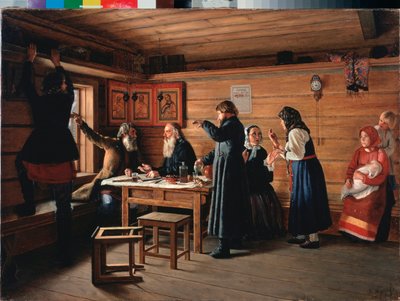 Religious Controversy - Maleri av Dmitri Yegorovich Zhukov (1841-1903), olje på lerret av Dmitri Yegorovich Zhukov
