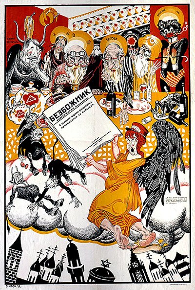 Plakat, das die antireligiöse Zeitschrift 