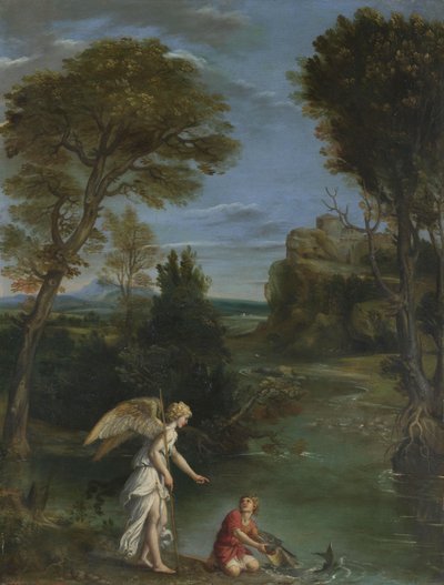 Landskap med Tobias som griper fisken, ca. 1615 (olje på kobber) av Domenichino