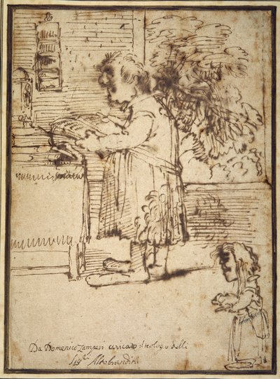 Karikatur av Aldobrandini-teologen, med en kvinnelig dverg som holder hunden sin (penn og blekk på papir) av Domenichino